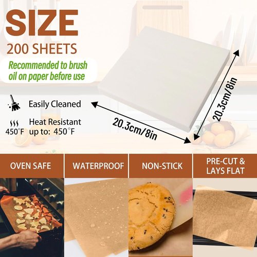 200 Pcs Skiennix 8x8 Inch Parchment Paper Sheets - Food Grade Non-Stick Baking Liners for Cake Pans & Air Fryers