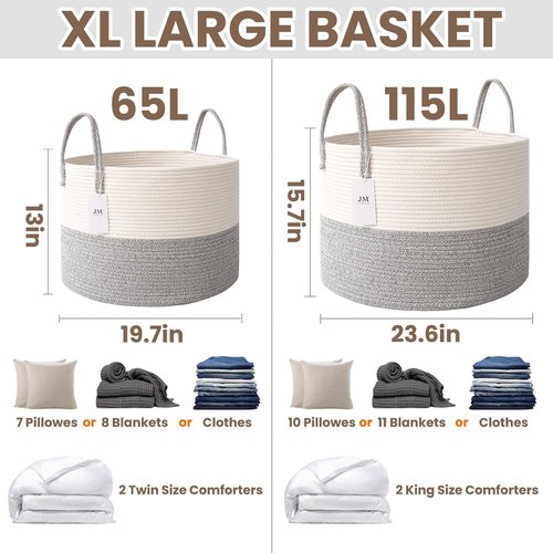 **JMvicyroam Extra Large Woven Cotton Rope Blanket Basket - Stylish Laundry Hamper with Reinforced Handles | Machine Washable, White & Grey**
