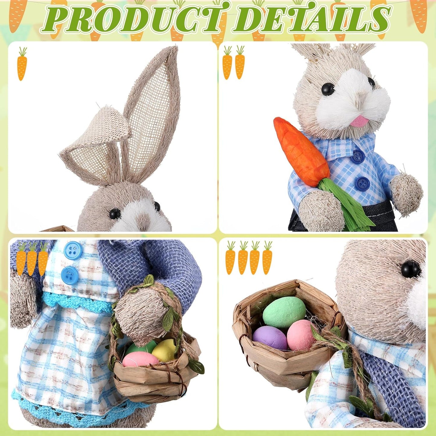 Wesiti Easter Bunny Decorations - Set of 3 Natural Sisal Figurines | 13.8" & 9.8" for Spring Home Decor