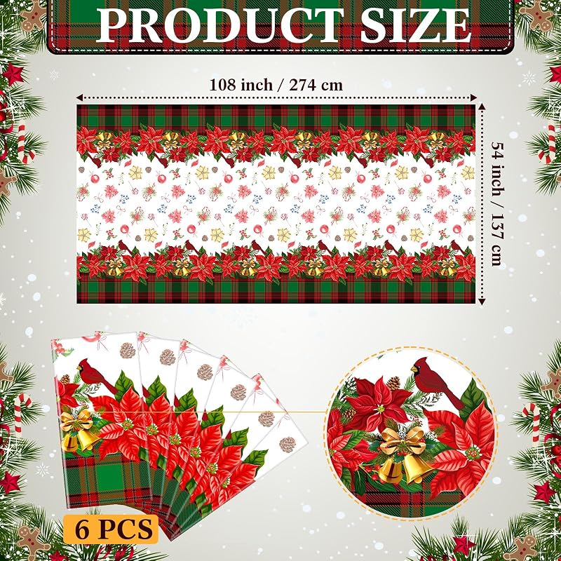 Peryiter 6 Pcs Merry Christmas Plastic Poinsettia Tablecloths 54 x 108 Inches - Variation 6