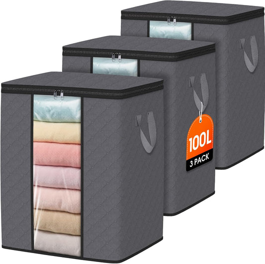 SpaceWhisper 100L Clothes Storage Bags - Foldable Thick Fabric Organizers for Bedroom & Closet | Grey, 3-Pack