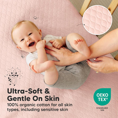 Skiennix 2-Pack Waterproof Crib Mattress Protector - Soft Quilted Cotton, 52" x 28", Machine Washable, Easy Fit (Mist Rose/Mavy)