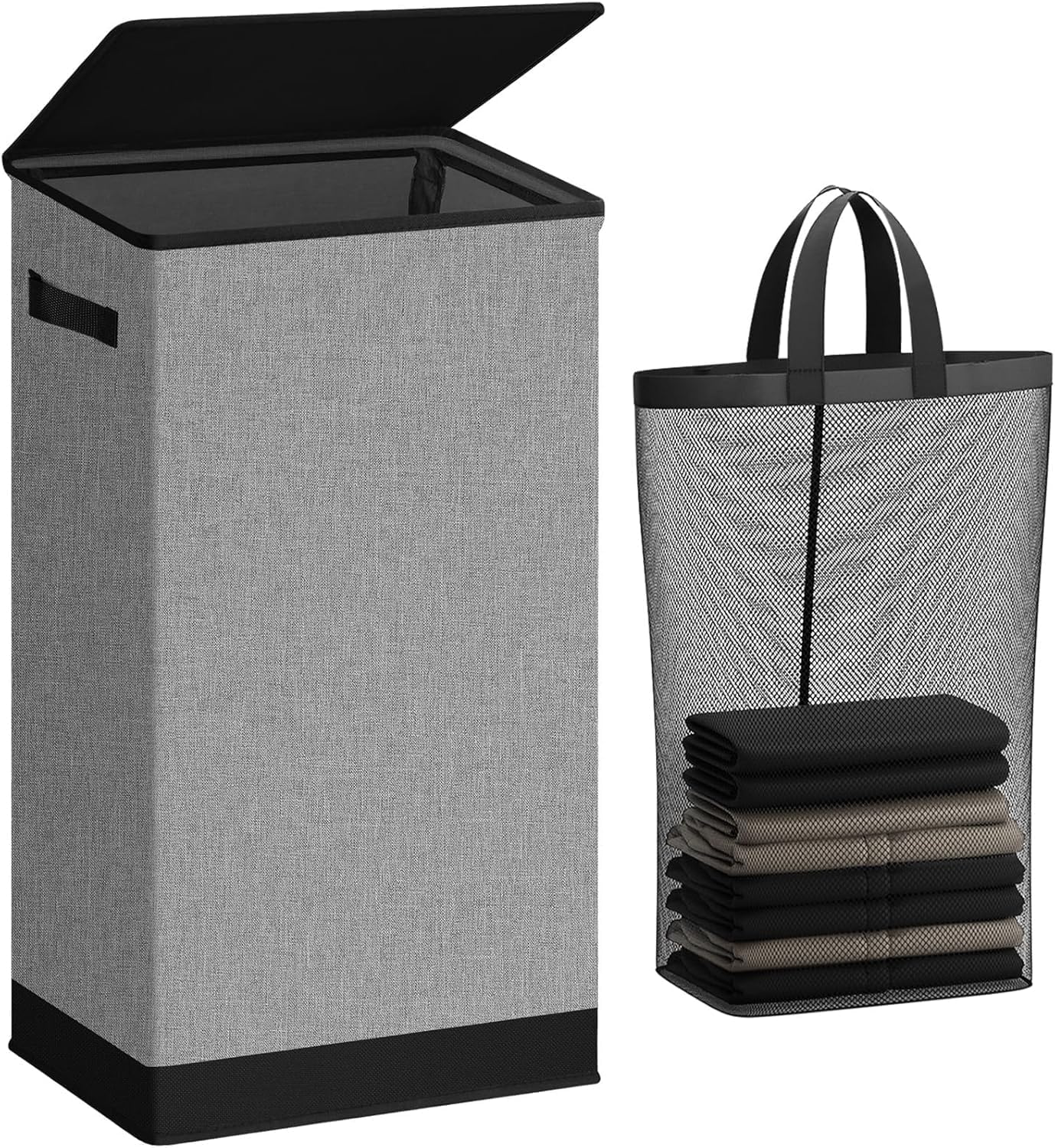 SOLEDI Laundry Hamper - 100L Large Collapsible Basket with Lid & Removable Bag - Grey