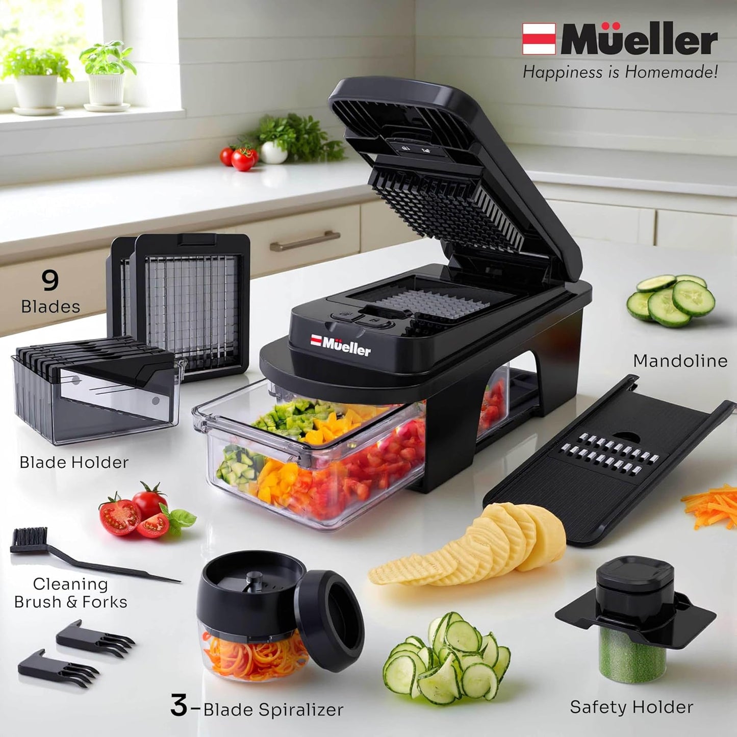Mueller ULTIMATE 12-Blade Vegetable Chopper - Versatile Mandoline Slicer & Spiralizer | Black Kitchen Essential