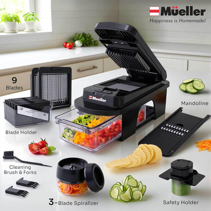 Mueller ULTIMATE 12-Blade Vegetable Chopper - Versatile Mandoline Slicer & Spiralizer | Black Kitchen Essential