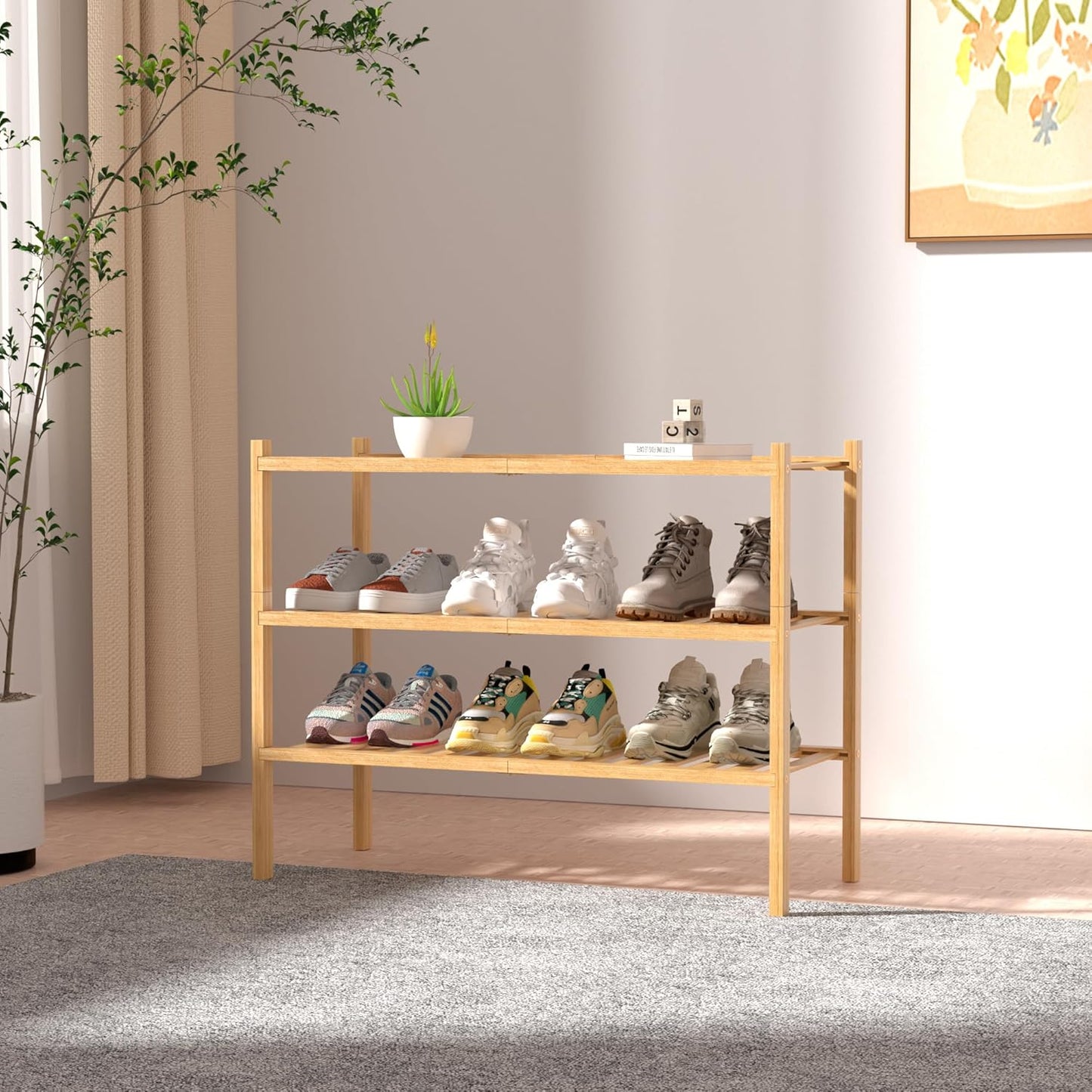ROMGUAR CRAFT 3-Tier Bamboo Shoe Rack - Free Standing Wood Storage Organizer for Small Spaces | 27"x11"x20" (Natural)