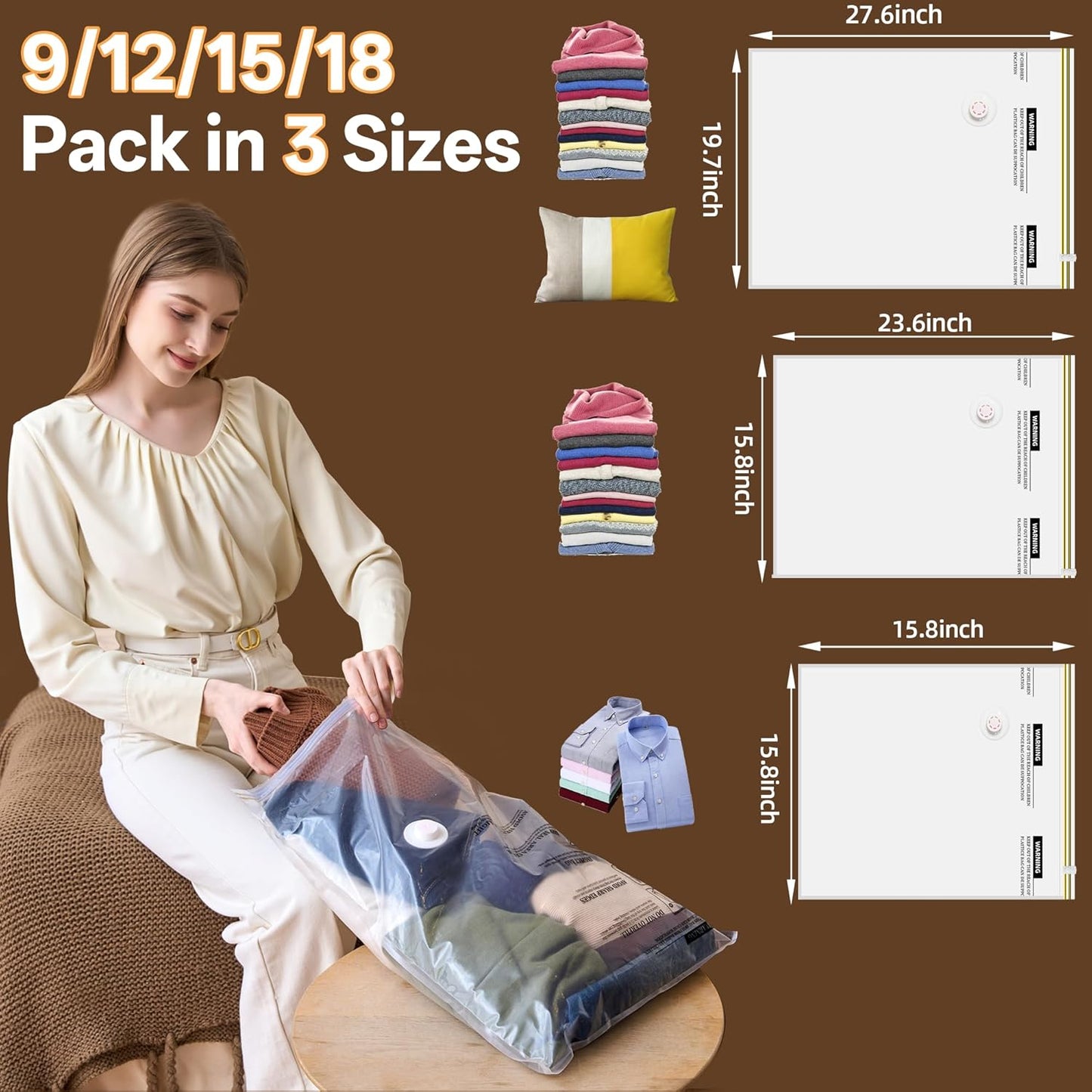 Skiennix Vacuum Storage Bags - 15 Pack with Rechargeable Cordless Pump for Travel & Home