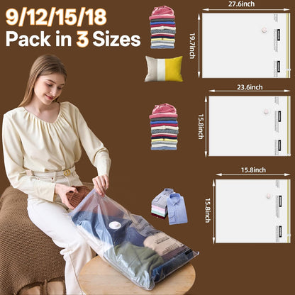 Skiennix Vacuum Storage Bags - 15 Pack with Rechargeable Cordless Pump for Travel & Home