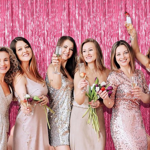 Foil Curtain Backdrop by [Brand Name] - Pink Metallic Tinsel Fringe for Parties & Events | 10 Pack