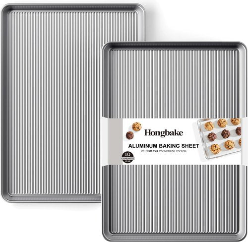HONGBAKE Aluminum Cookie Sheets - Commercial Quality Non-Stick Baking Pans | 2-Pack with 50 Parchment Paper, 12.8 x 17.7 in, Silver