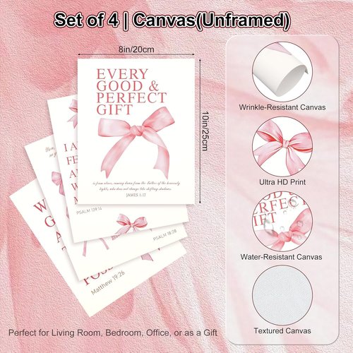 Coquette Pink Bow Wall Art - Set of 4 Inspirational Canvas Prints | 10x8 Inch Unframed Decor for Teens