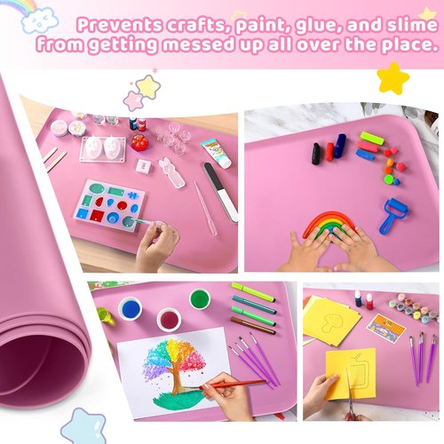 AtMini Silicone Craft Mat for Kids - 24"x16" Non-Slip & Raised Lip | Reusable Art Mat for Painting, DIY Crafts (Pink)