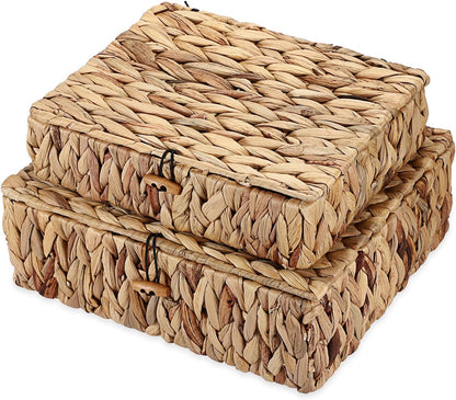 Regine Switzerland Set of 2 Handwoven Water Hyacinth Baskets - Decorative Storage Bins with Lids for Organizing