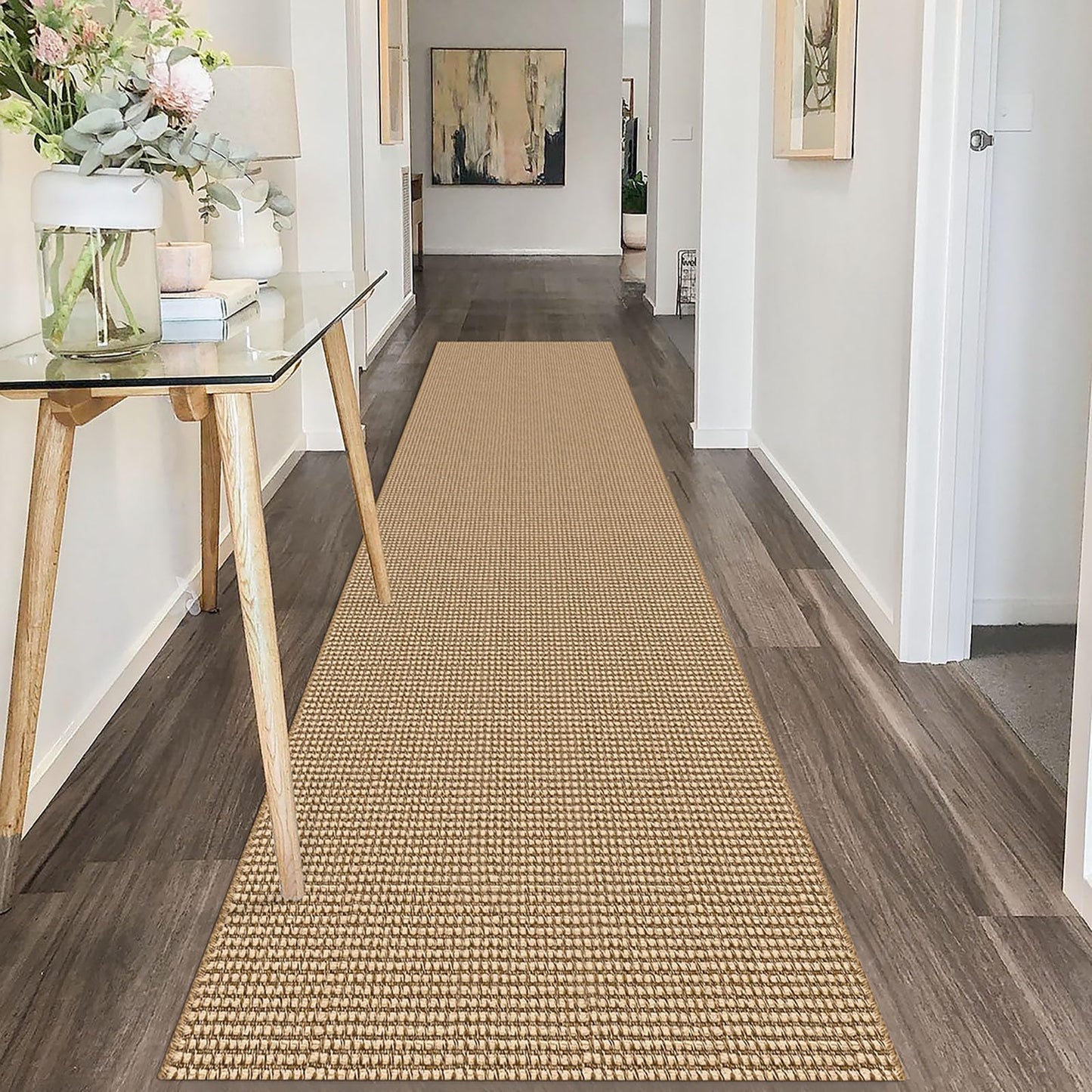 IOHOUZE Washable Exrea Long Hallway Runner Rug 2.6'x14' Rubber Backed Kitchen Runner Entryway Runner Indoor, Boho Rugs Low Pile Floor Carpet for Kitchen Hall Entryway Stairway, Natural/Brown