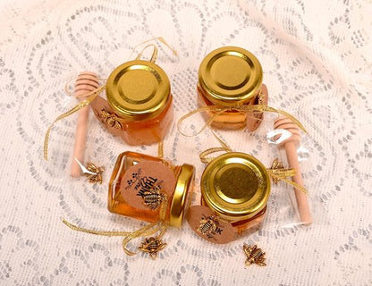 Ahhute Honey Pot, Mini Honey Jars with Dipper, Glass Honey Jars Baby Shower Favors, Party Favors & Wedding Favors, Lid, Bee Pendants, Gold Fabric Ribbons and Gold Organza Bags, 40 Pack 1.5oz