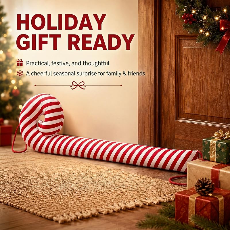 Weighted Christmas Door Draft Stopper 39 Inch - Candy Cane Design for Bottom of Door