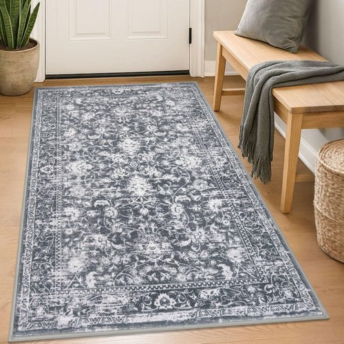 KILOCOCO Area Rug 3x5 Entryway Rug Washable Printed Vintage Floral Rubber Backed Non Slip Indoor Kitchen Rugs for Living Room Laundry Room Playroom Mudroom Moroccan Area Rugs, Grey