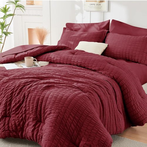 HYMOKEGE Burgundy Twin Comforter Set - 5-Piece All-Season Luxury Bedding Set with Sheets & Pillowcase