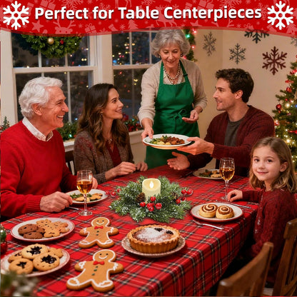 Skiennix 4-Piece Christmas Candle Rings - Flocked Pine & Red Berry Decor for Holiday Centerpieces
