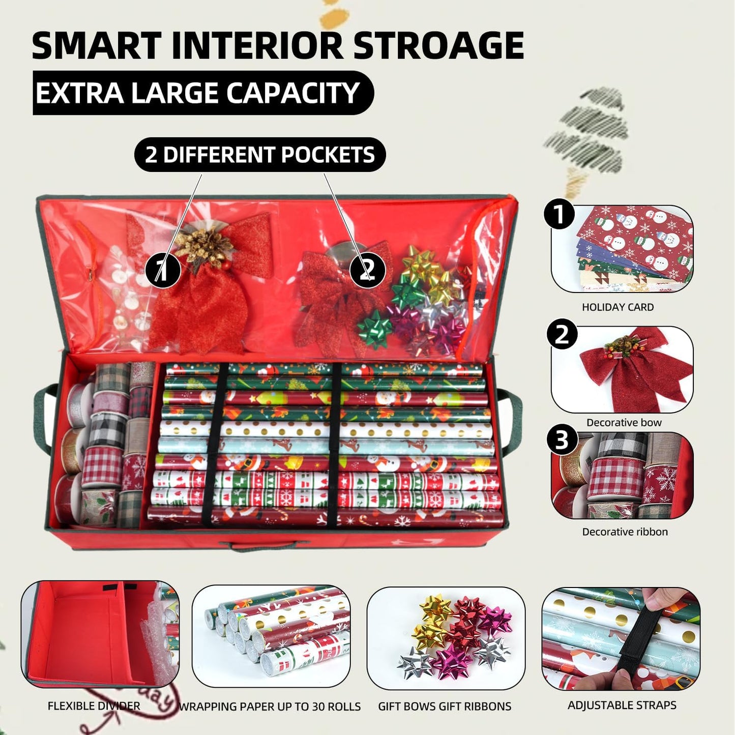 VoMii Gift Wrap Organizer - 40 Inch Storage Container for 24 Rolls of Wrapping Paper | Underbed Bag with Pockets