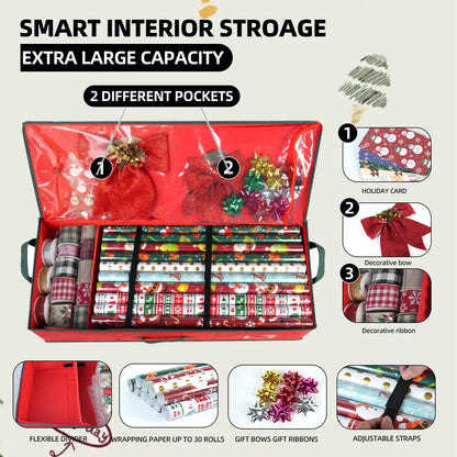 VoMii Gift Wrap Organizer - 40 Inch Storage Container for 24 Rolls of Wrapping Paper | Underbed Bag with Pockets