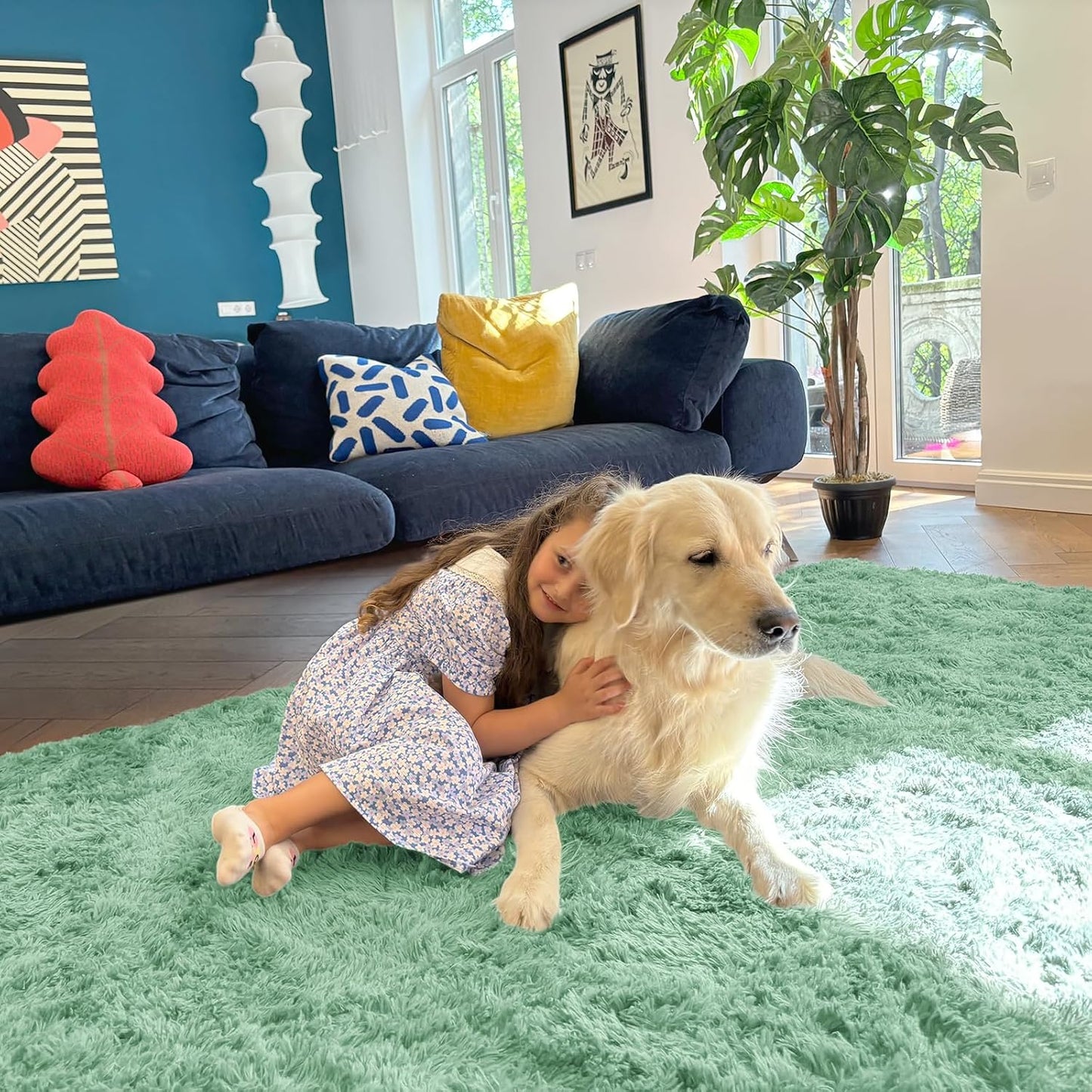 OLANLY Large 5x7 Machine Washable Area Rug - Soft Fluffy Shaggy Indoor Carpet in Mint Green for Living Room & Bedroom