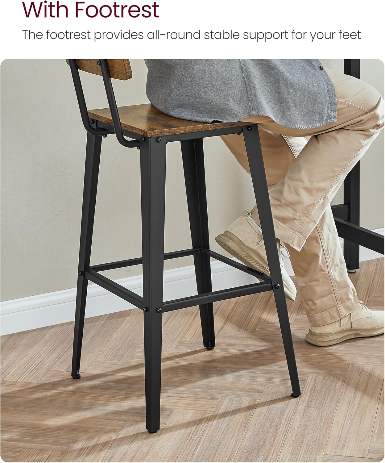 VASAGLE Bar Stools Set of 2 - 29.1-Inch Tall Industrial Style Chairs with Back - Rustic Brown & Ink Black