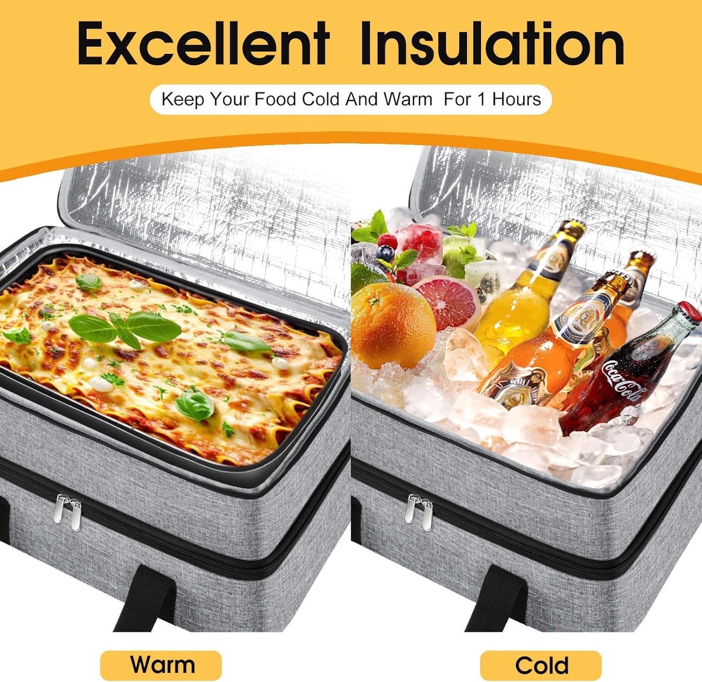 Skiennix Double Insulated Casserole Carrier - Portable Hot & Cold Food Tote Bag | Fits 9" x 13" Dish - Grey