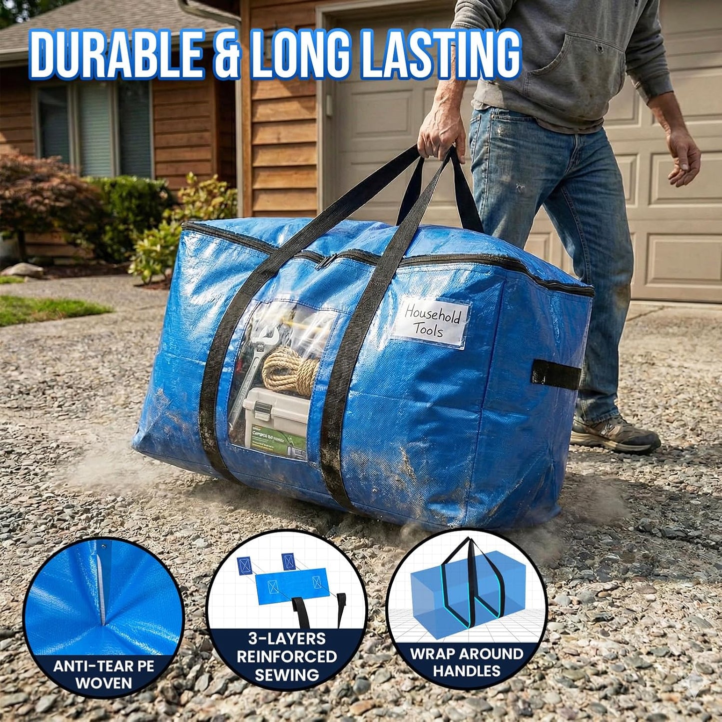 TAILI Extra Large Moving Bags - 4 Pack Heavy Duty Blue Totes with Visible Window & Wrap Around Handles