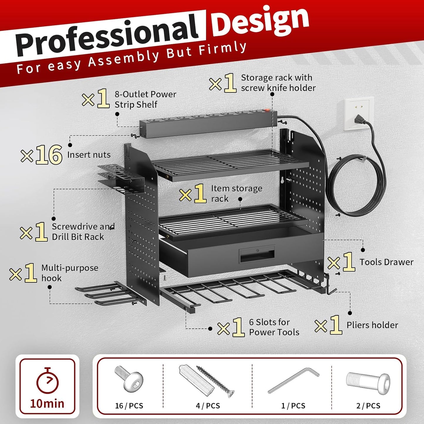 Power Tool Organizer - Heavy Duty Wall Mount Storage Rack | 130 lbs Capacity, 4 Layers, 6 Drill Holders