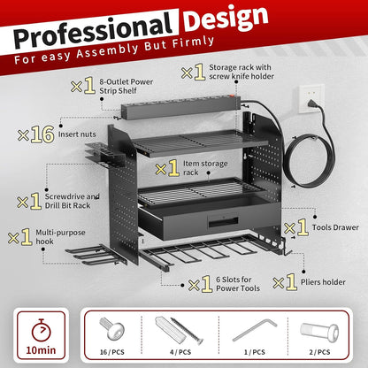 Power Tool Organizer - Heavy Duty Wall Mount Storage Rack | 130 lbs Capacity, 4 Layers, 6 Drill Holders