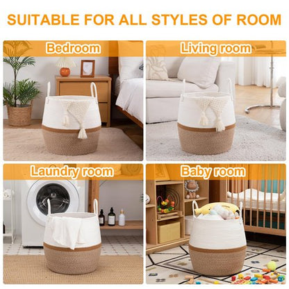 OIAHOMY 60L Blanket Basket with Handle, Storage Basket for Living Room, Laundry Hamper for Clothes, Towels, Pillows, Toy Storage for Kids and Dogs, Baby Hamper for Nursery - Brown & White
