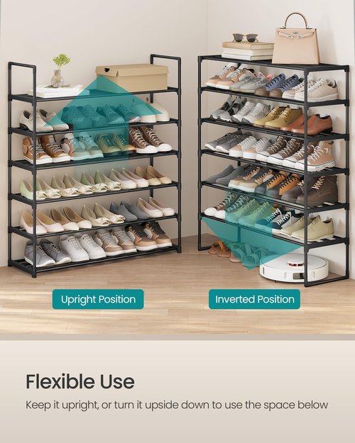 SONGMICS Shoe Rack, 6-Tier Shoe Organizer, Metal Storage Shelf, Upright or Upside Down, for 24-30 Pairs, Stackable, for Entryway, 11.8 x 36.2 x 42.7 Inches, Black ULSA306BH01