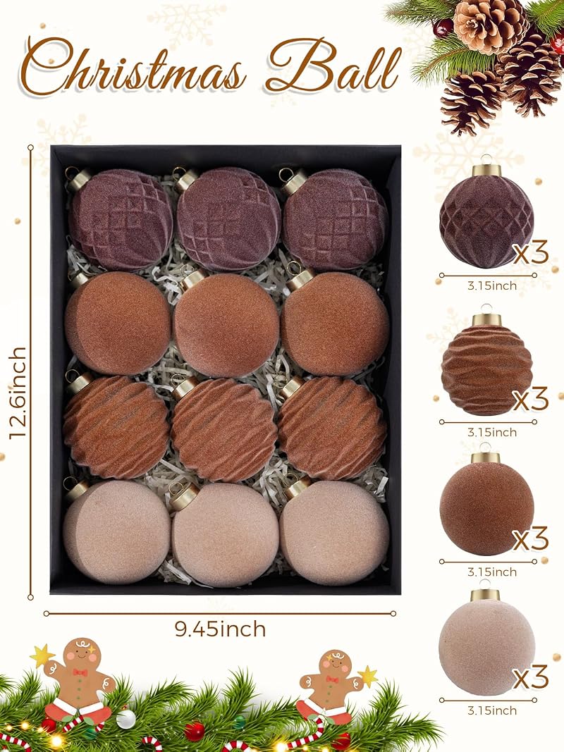 Brown Velvet Christmas Ornaments 3.15in - 12 Pcs Shatterproof, Neutral Round Balls (Variation: Brown+3.15inch)