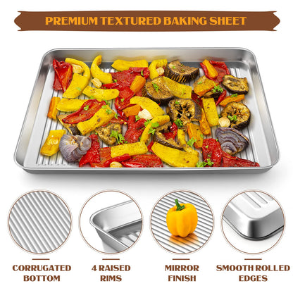 Stainless Steel Baking Sheet with Rack Set, E-far 12.4”x9.7” Cookie Sheet Broiling Pan for Oven, Metal Textured Tray with Wire Rack for Cooking/Cooling/Bacon/Steak, Non-toxic & Dishwasher Safe