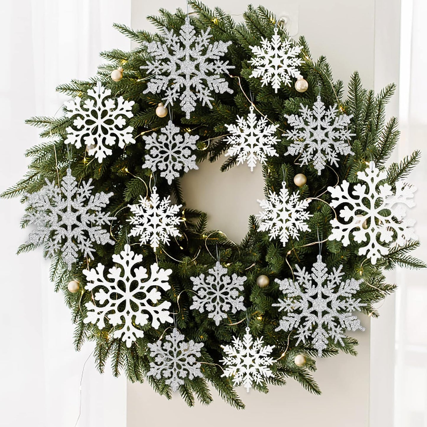 Skiennix Christmas Snowflake Ornaments - 36 Pcs Glittering White & Silver Hanging Decor for Holiday Home & Parties