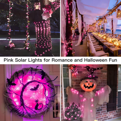 Suddus Pink Solar String Lights - 200 LED Fairy Lights | 66ft Outdoor Twinkle Lights for Halloween Decor, Patio & Yard