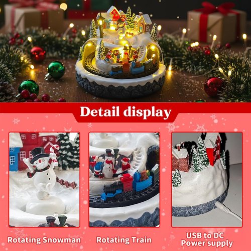 Christmas Village Decoration - Spinning Train & Snowman, Musical Collectible Buildings with LED Lights & Timer Function