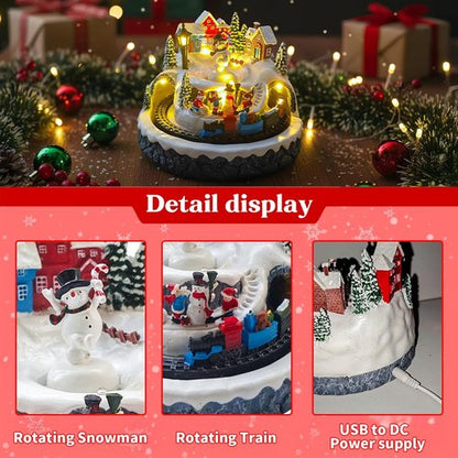 Christmas Village Decoration - Spinning Train & Snowman, Musical Collectible Buildings with LED Lights & Timer Function