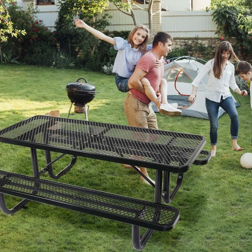 Phyfalip 6 ft. Rectangular Outdoor Steel Picnic Table with Umbrella Pole, Heavy-Duty Weather-Resistant Dining Table for Patio, Backyard, and Garden, Rust-Resistant Finish, Black