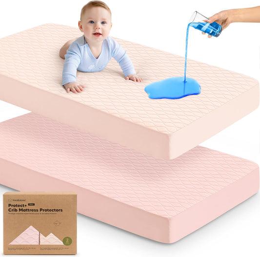 Skiennix 2-Pack Waterproof Crib Mattress Protector - Soft Quilted Cotton, 52" x 28", Machine Washable, Easy Fit (Mist Rose/Mavy)
