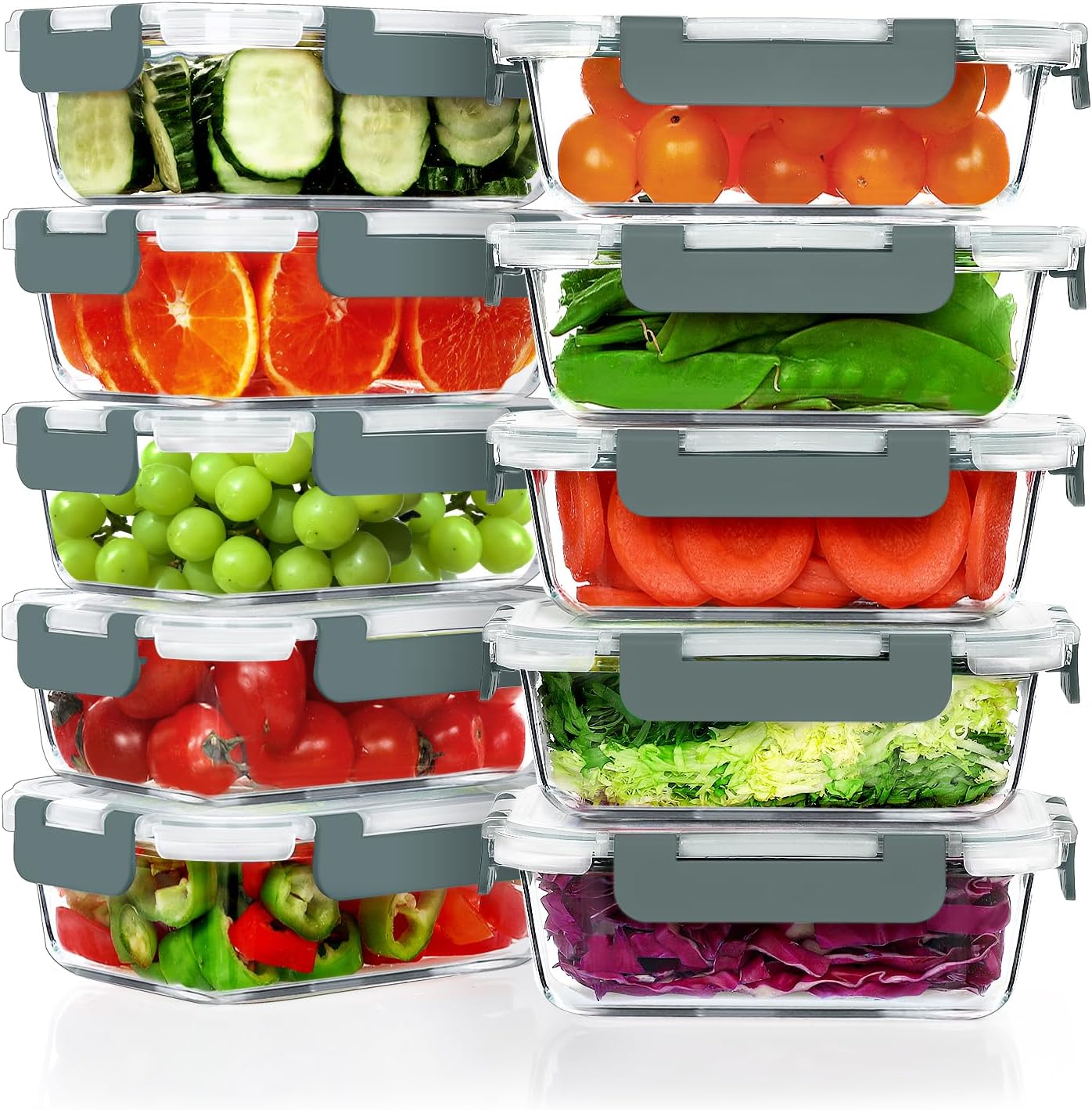VERONES 22 OZ Glass Meal Prep Containers - Airtight BPA-Free Lunch Set | 10 Pack, Microwave & Oven Safe, Grey