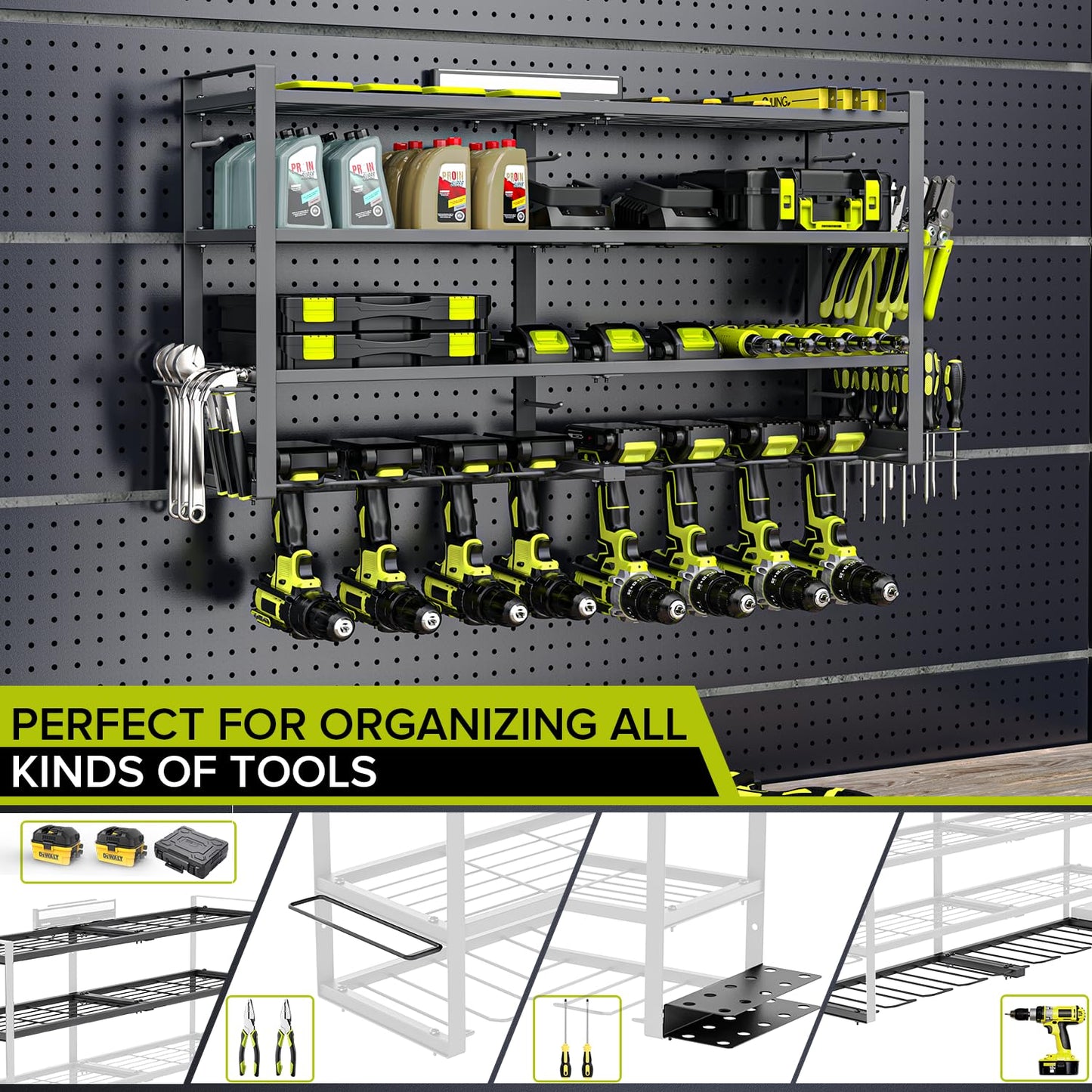 viyawise Power Tool Organizer Wall Mount, 4-Tier Power Tool Organizer with LED Lighting, 8 Drill Holder Garage Organizer and Storage, Heavy-Duty 150 lbs Capacity for Garage Guarantee (Large)