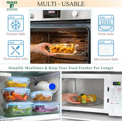 Moss & Stone 10-Piece Borosilicate Glass Meal Prep Containers - 100% Leak-Proof, Airtight & BPA-Free - Freezer, Microwave & Oven Safe