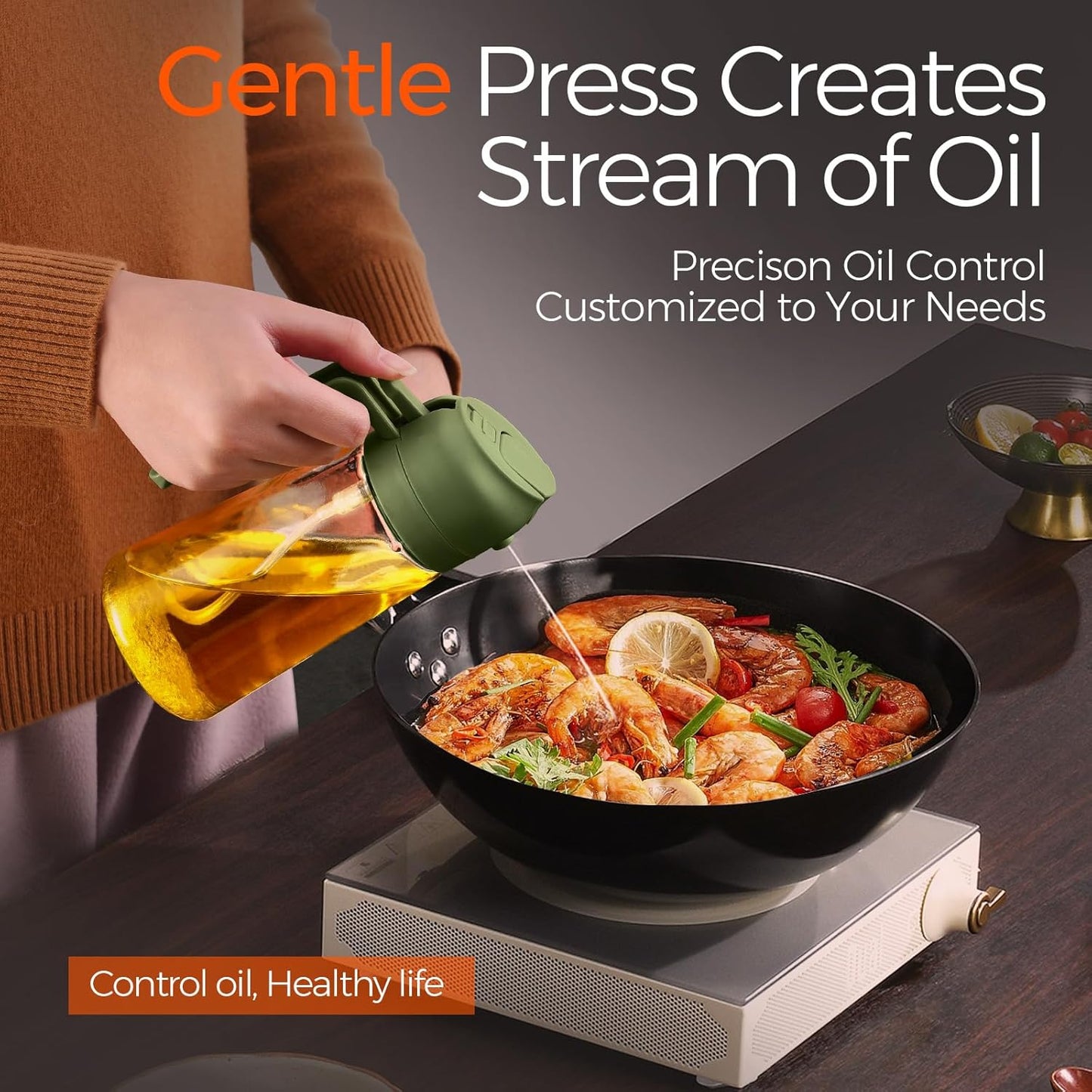 YARRAMATE Glass Olive Oil Sprayer - 2-in-1 Food Grade Premium Dispenser | 16oz Olive Green for Cooking & BBQ