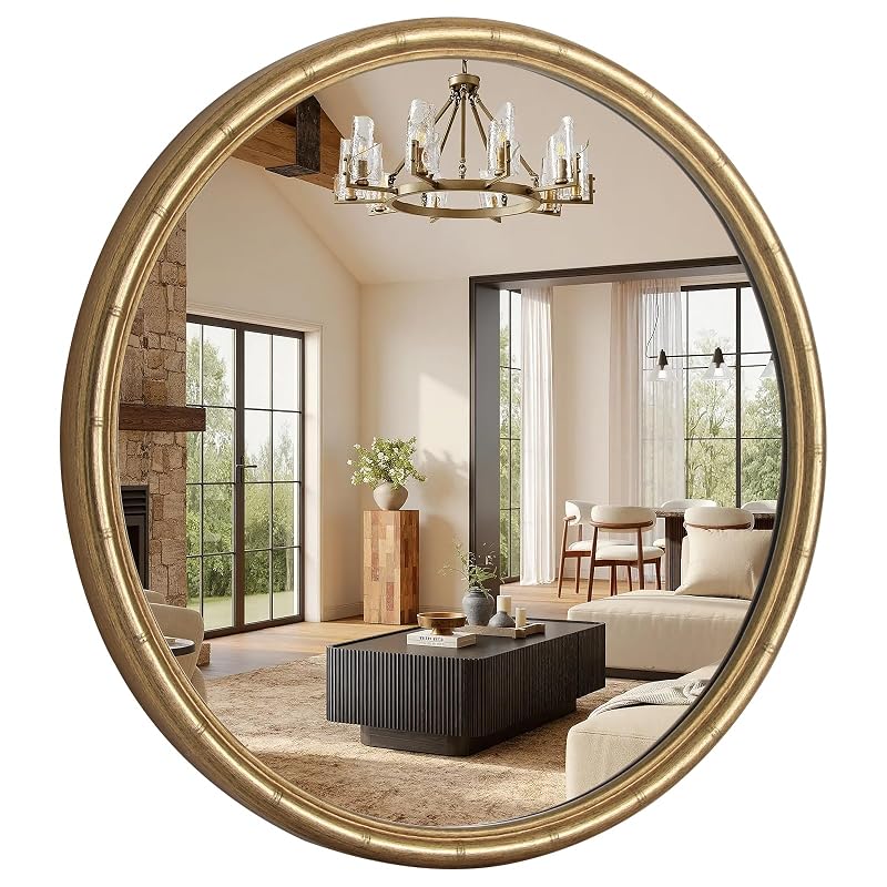 24 Inch Gold Round Wall Mirror with Bamboo Textured Frame - Decorative Vanity Circle Mirror (24"L x 24"W)