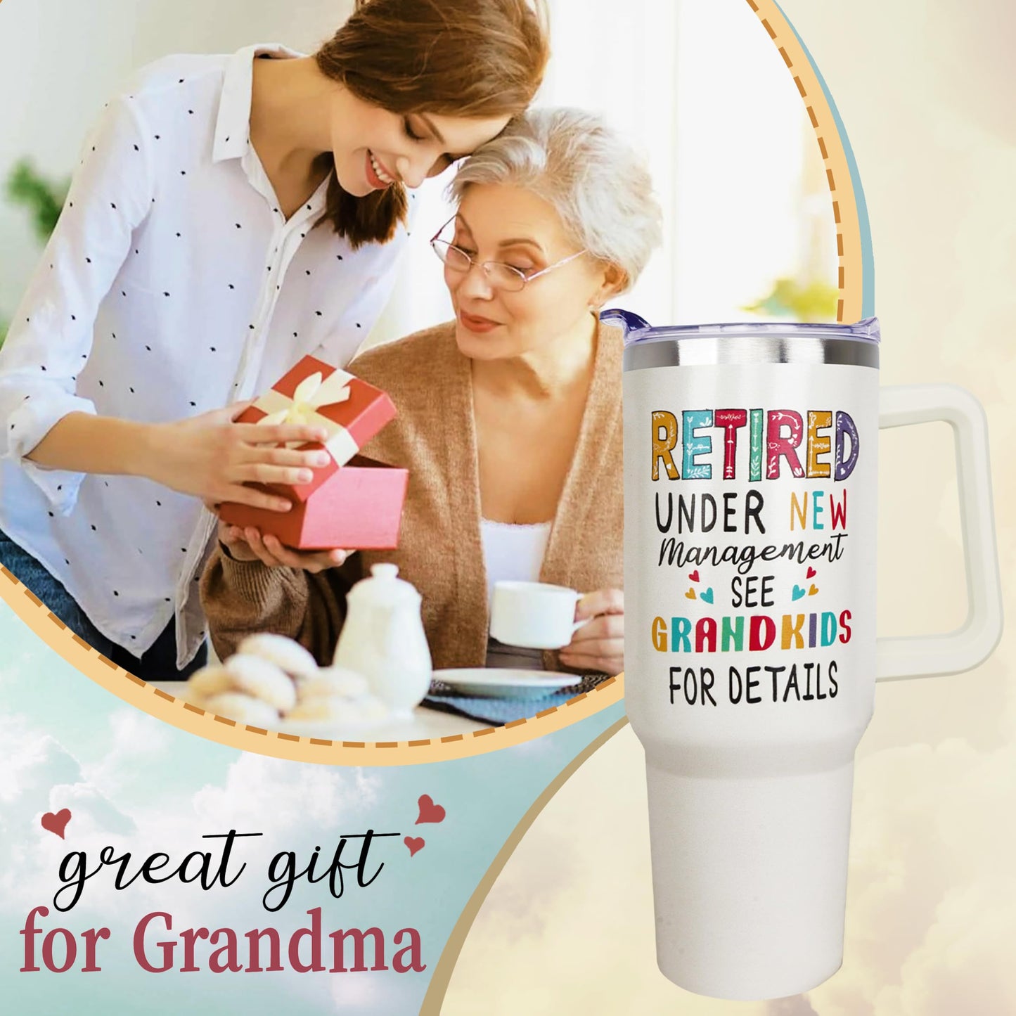 Retired Tumbler Retirement Gifts for Women Grandma - Retired Under New Management See Grandkids For Details Tumbler, 40 oz Tumbler with Handle and Straw, Reusable Stainless Steel Retirement Mug