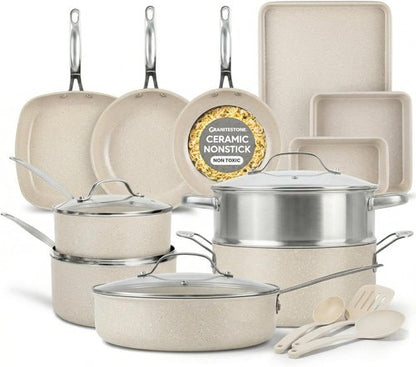 Granitestone Ceraluxe 20-Piece Nonstick Ceramic Cookware Set - Complete Kitchen Essentials, Non-Toxic & Dishwasher Safe