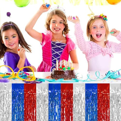 8P Wavy Metallic Tinsel Foil Fringe Table Skirts - Vibrant Decorations for Weddings, Birthdays & Parades | Red, Blue, White
