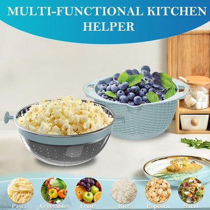 4-1 Colander with Mixing Bowl Set, Food Strainers and Colanders Set for Kitchen, Pasta Rice Strainer, Fruit and Veggie Washer, Salad Spinner, Kitchen Essentials Strainer Basket Bowl, Blue